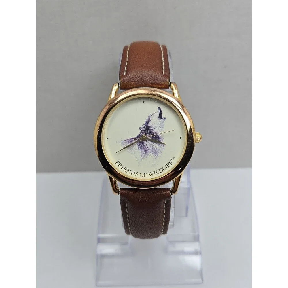 Vintage Artwatch Friends Of Wildlife Gray Wolf 35mm Watch Brown Band New Battery